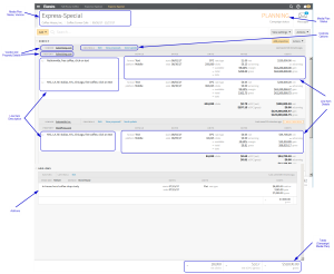 Screenshot of a sample direct line item with the location of the media plan name and version, media plan status, vendor and property details, control options, line item description, line item details, add-ons, and campaign and media plan total costs highlighted.